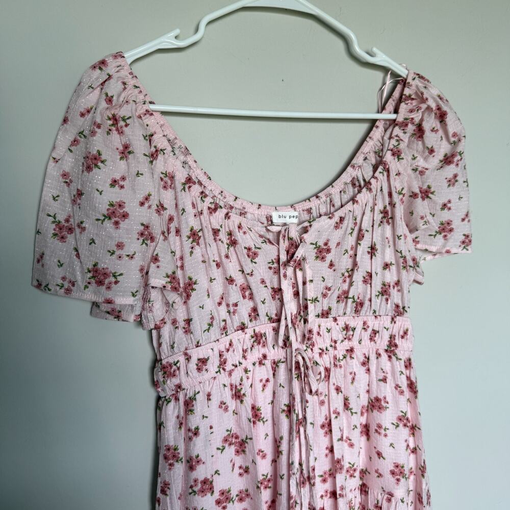 Blu Pepper Dress Women Medium Pink Tie Front Cottagecore Floral Mini Tiered Boho - Picture 3 of 9